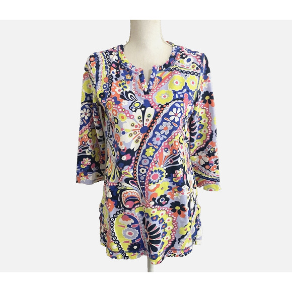T by Talbots Tunic Top Shirt Womens Sz S Floral Modal Blend Stretch Slits UPF 50 - Picture 1 of 8